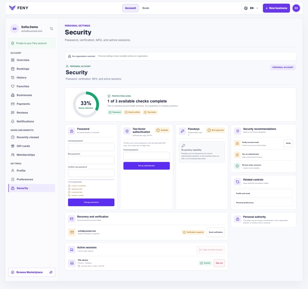 Secure your Feny account: email, password and sessions
