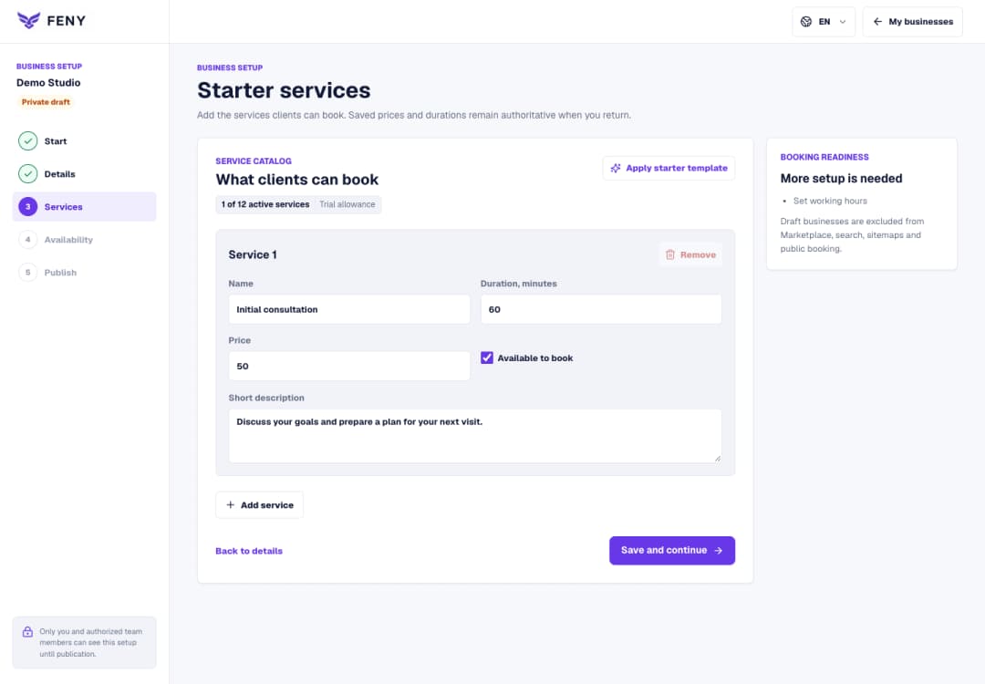 Add your first service and prepare it for booking