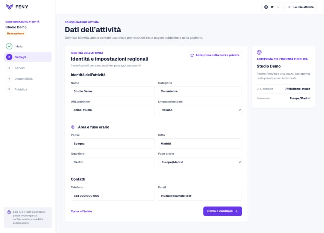 Configura il profilo dell’attività prima di aggiungere servizi
