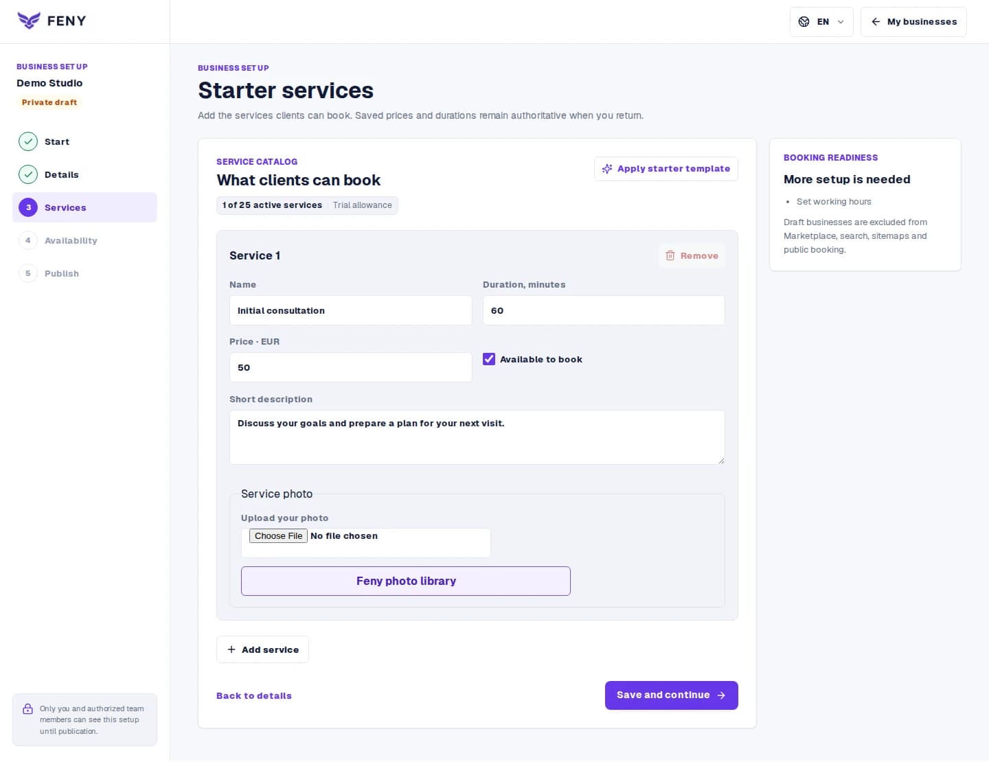 Set a service’s name, duration and price