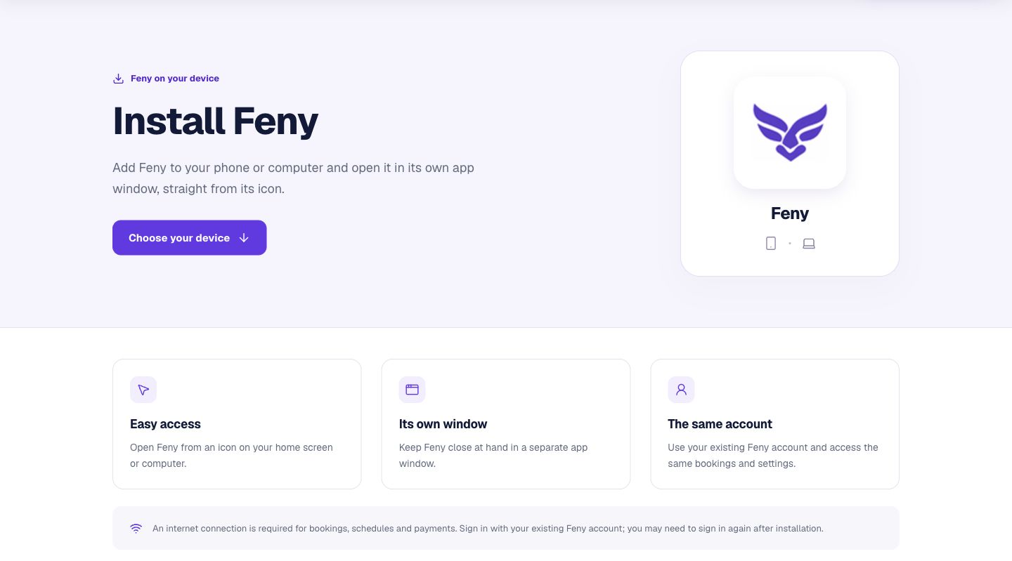 The English Feny installation page with app information and instructions for phones and computers.