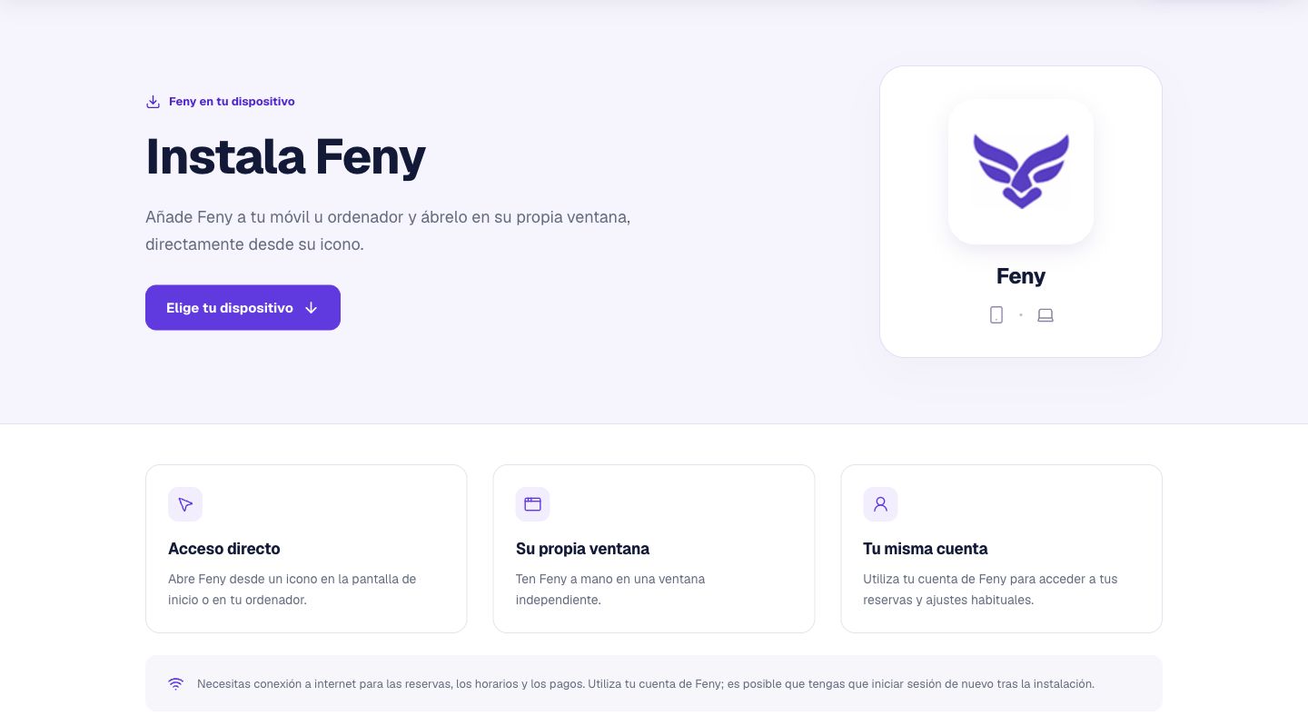 Página de instalación de Feny en español con información de la app e instrucciones para móviles y ordenadores.