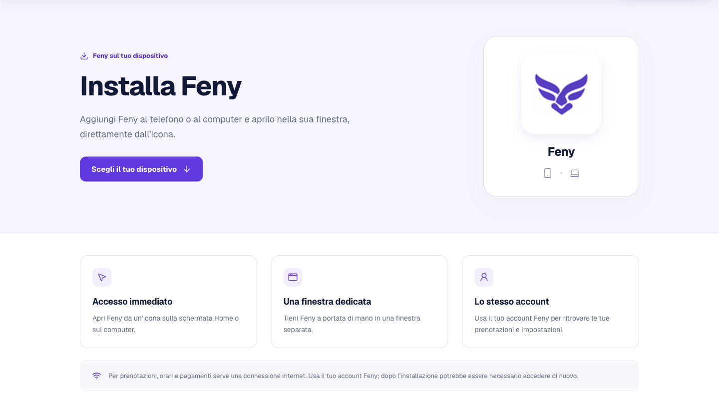 Pagina di installazione di Feny in italiano con informazioni sull’app e istruzioni per telefoni e computer.
