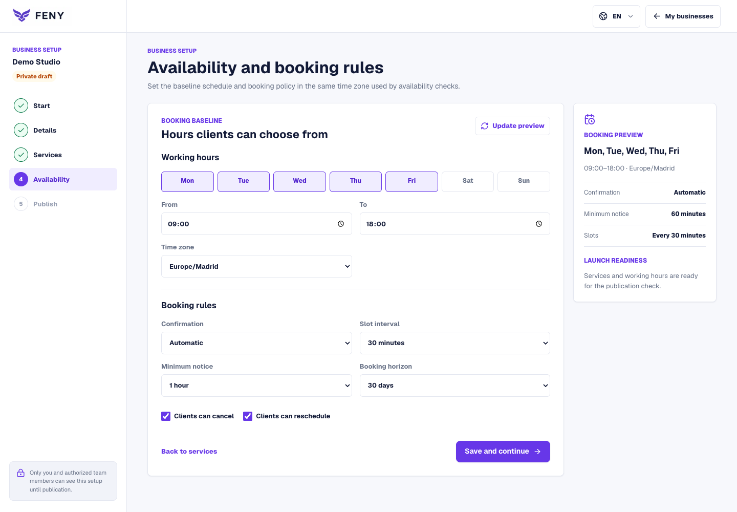 Feny working-hours setup with weekday controls, time zone, booking rules and a preview.