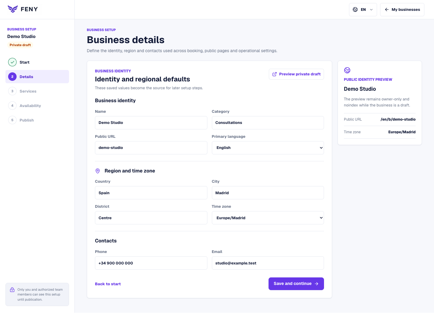 Business details form with business identity, regional fields and contacts filled with example data.
