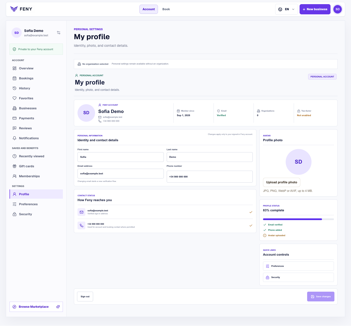 Feny profile with contact fields, photo upload and personal settings links.