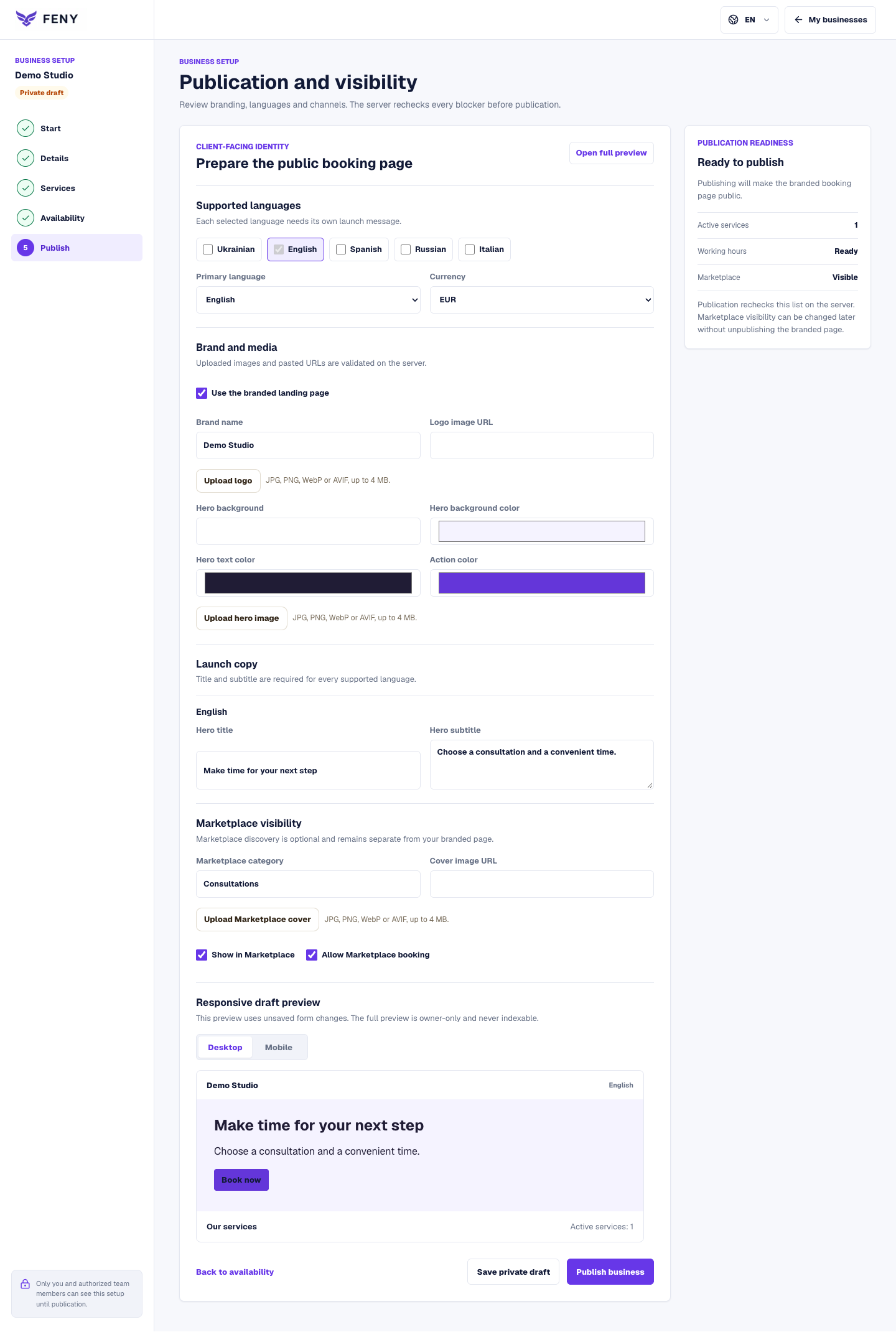 Feny publication setup showing the draft preview, visibility controls and publication readiness.