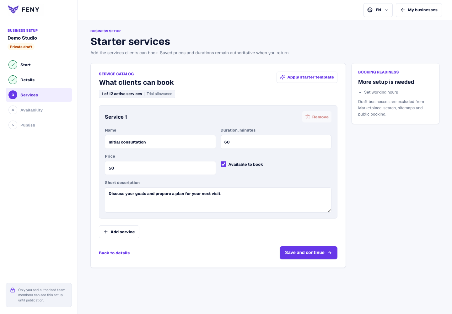 Starter services form with an example service, duration, price, booking checkbox and short description.