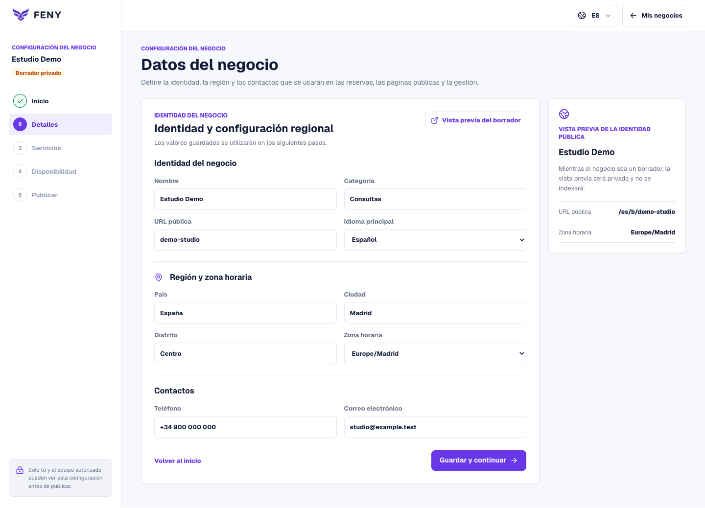 Formulario Datos del negocio con identidad, región y contactos completados con datos de ejemplo.