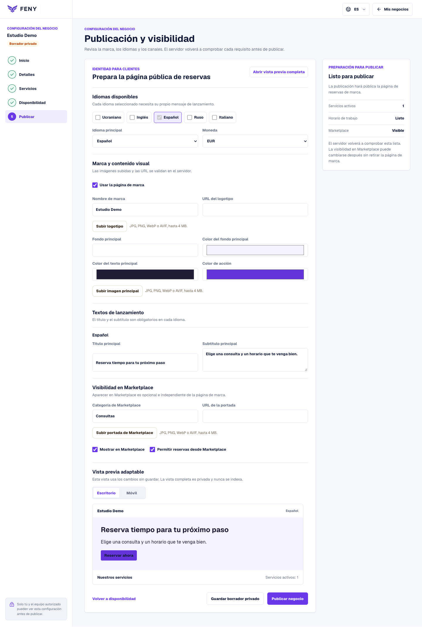 Configuración de publicación de Feny con vista previa, controles de visibilidad y comprobación de requisitos.