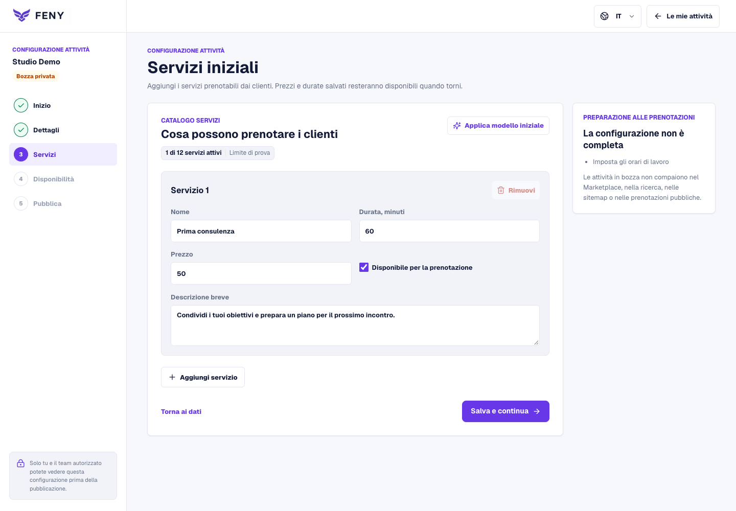 Modulo Servizi iniziali con un servizio di esempio, durata, prezzo, casella di prenotazione e descrizione.