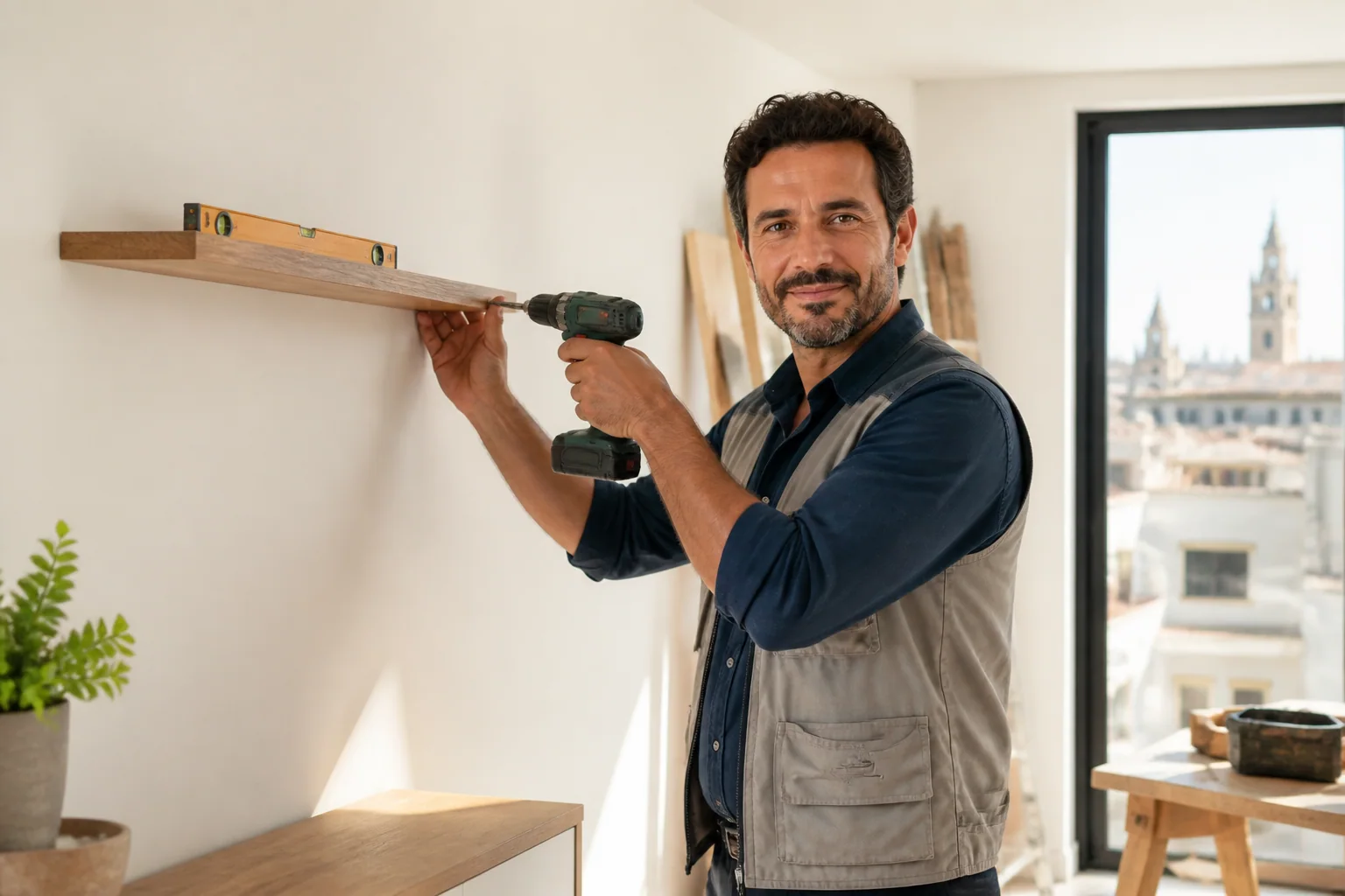 Victor installing a wall shelf in a Seville home