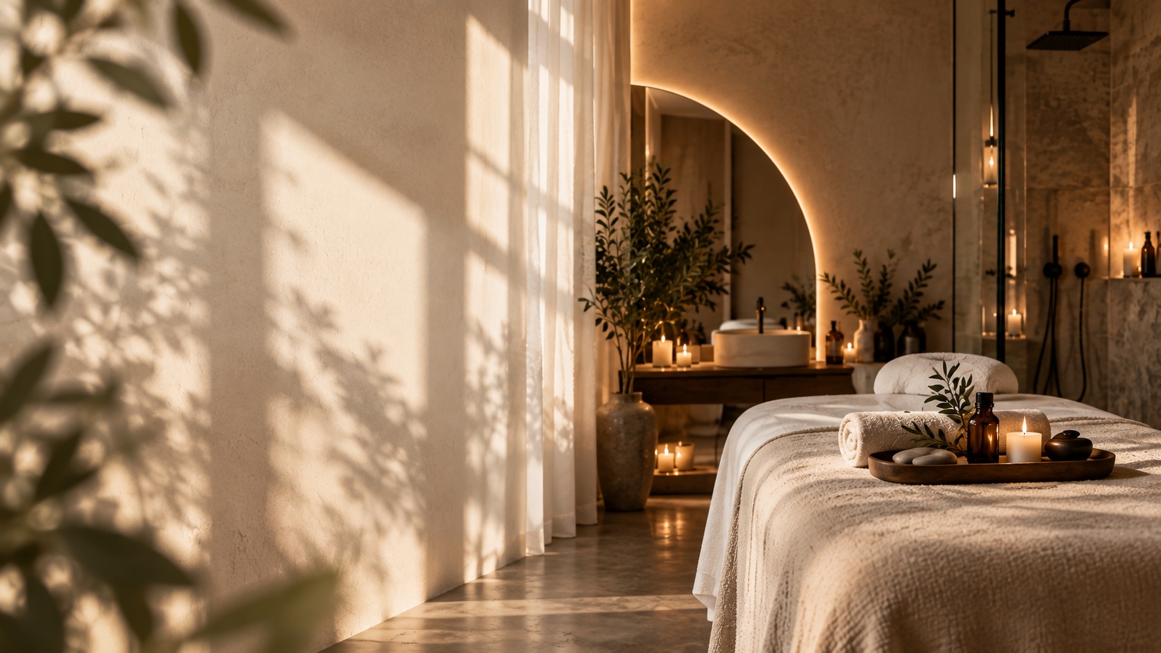 Warm massage room prepared for a relaxing treatment